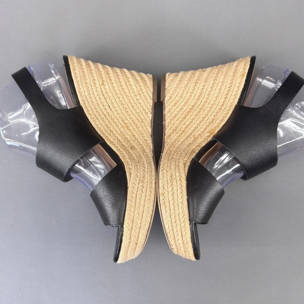 J.Crew Black Faux Leather Espadrille Wedge‎ High Heel Sandals 9M